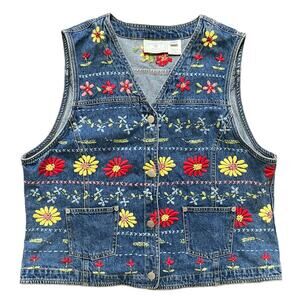 VTG SUSAN BRISTOL Floral Embroidered Denim Vest  Bohemian Festival  SZ L